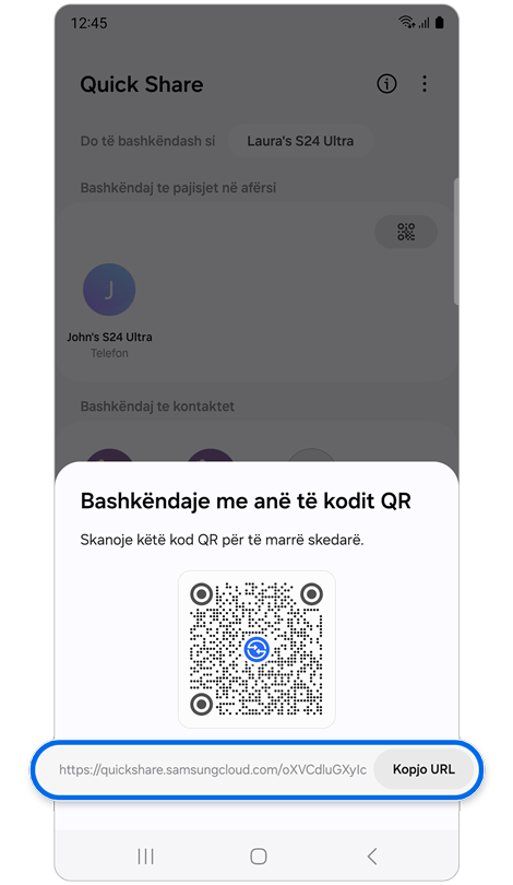 Dritare e shfaqur me kodin QR dhe URL.