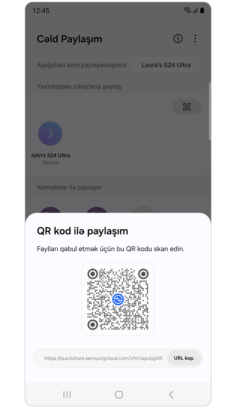 QR kodu və URL ilə açılan pəncərə.