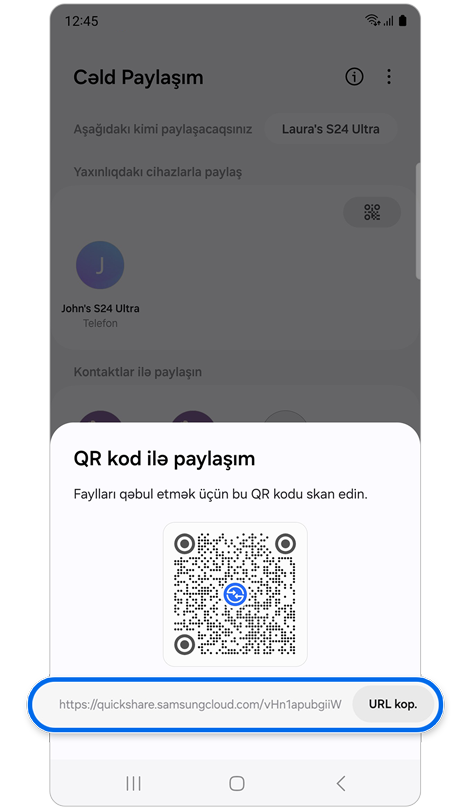 QR kodu və URL ilə açılan pəncərə.