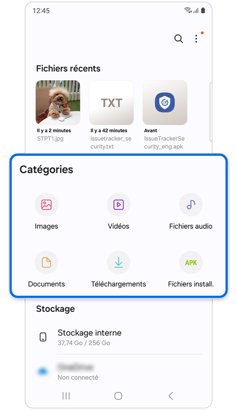 Écran d'accueil de l'application Mes fichiers
