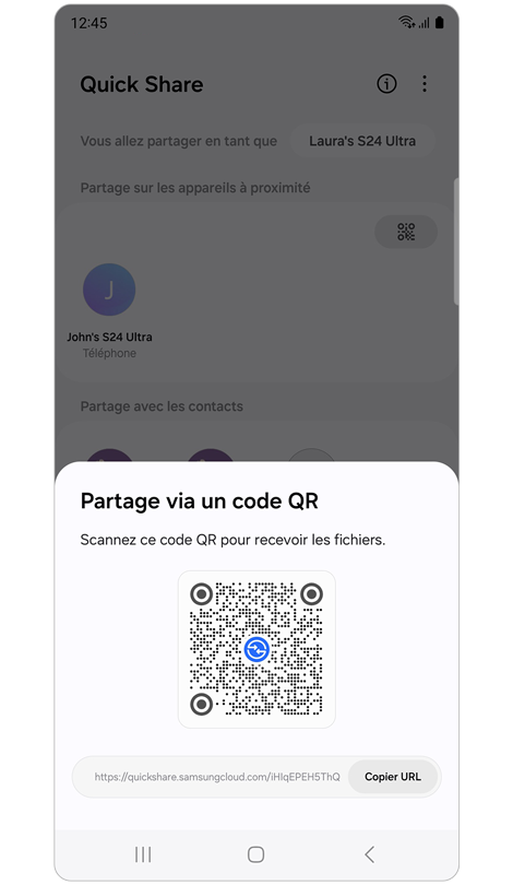 Notification affichant un code QR pour le partage d'un fichier sur un appareil mobile