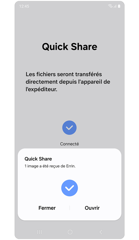 Écran de Quick Share sur l’appareil mobile du destinataire