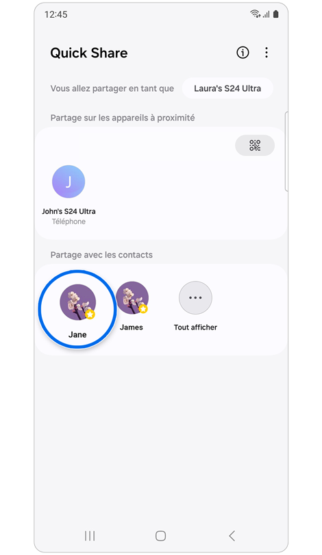 Écran d'accueil de Quick Share