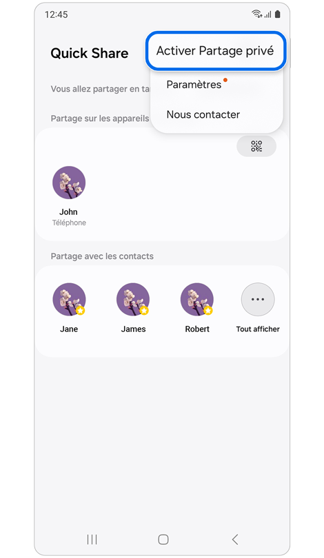 Écran d'accueil de Quick Share