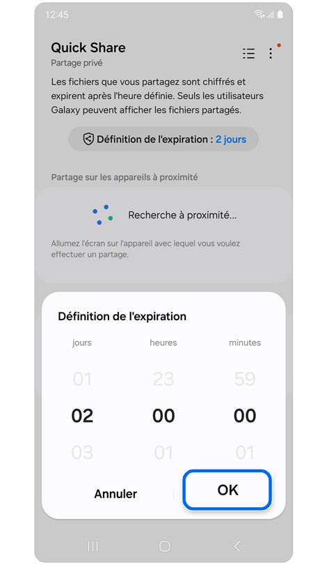 Écran de définition de l'expiration de Quick Share