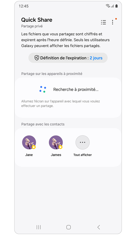 Écran d'accueil de Quick Share