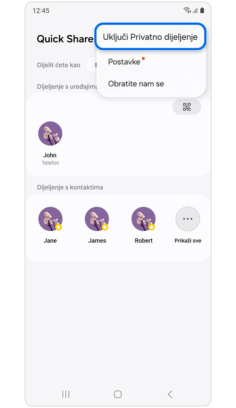 Početni zaslon Quick Share