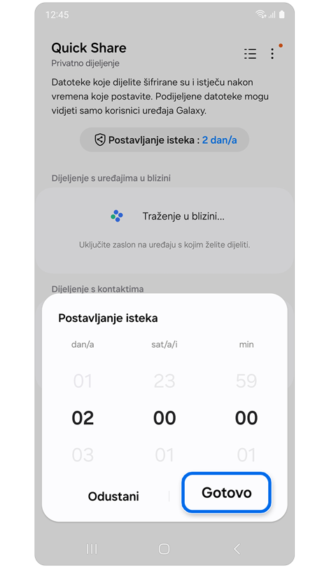 Postavite prozor za istek u Quick Share.