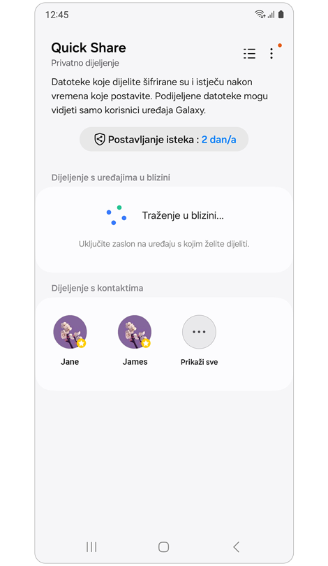 Početni zaslong Quick Share s aktiviranom opcijom Privatno dijeljenje.