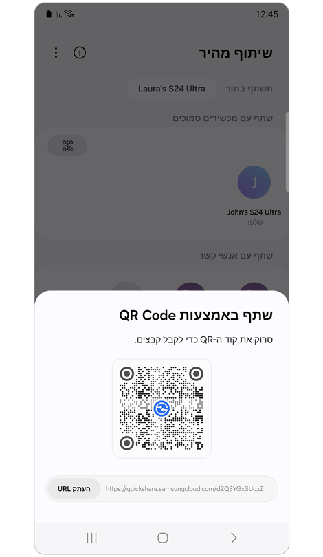 חלון קופץ עם קוד QR וכתובת URL.