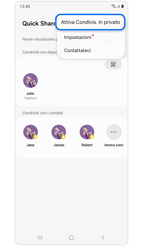 Schermata principale di Quick Share.