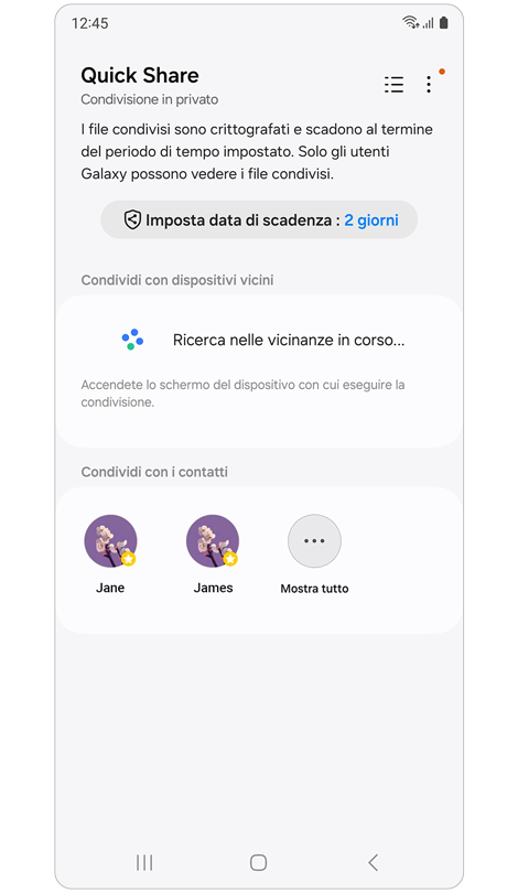 Schermata principale di Quick Share con Condivisione in privato attivata.