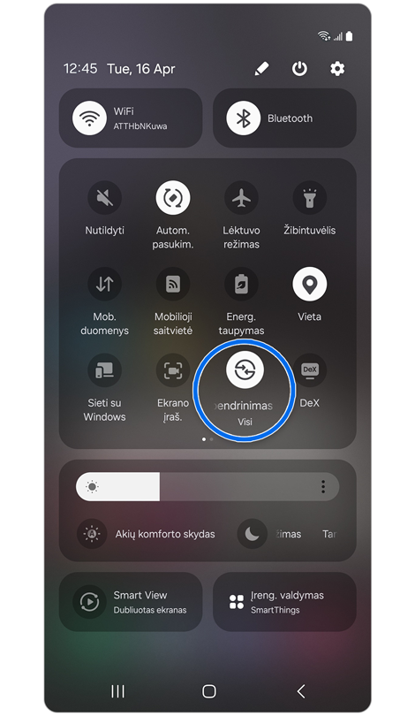 Galaxy S24 sparčiųjų nuostatų skydelis.