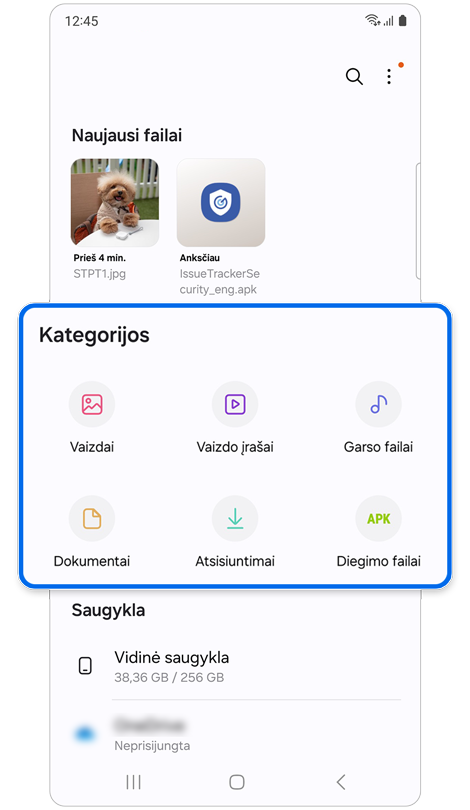 Srities Mano failai pradžios ekranas.