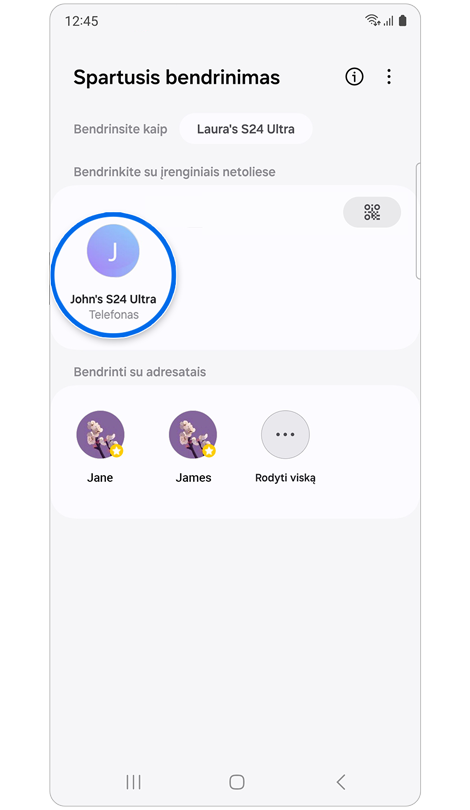 Funkcijos Spartusis bendrinimas pradžios ekranas.