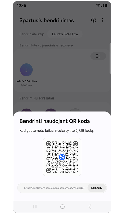 Iškylantysis langas su QR kodu ir URL.