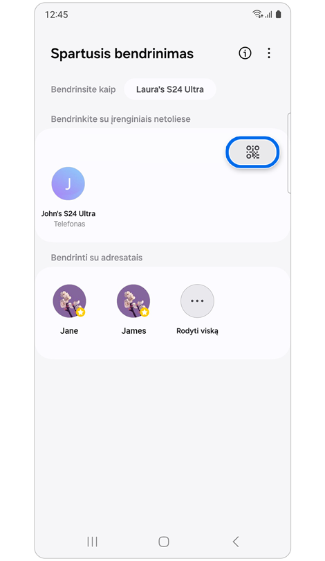 Funkcijos Spartusis bendrinimas pradžios ekranas.