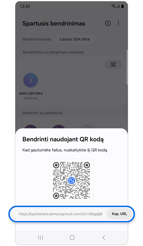 Iškylantysis langas su QR kodu ir URL.