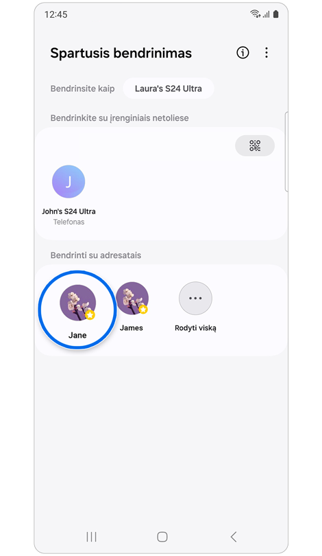 Funkcijos Spartusis bendrinimas pradžios ekranas.