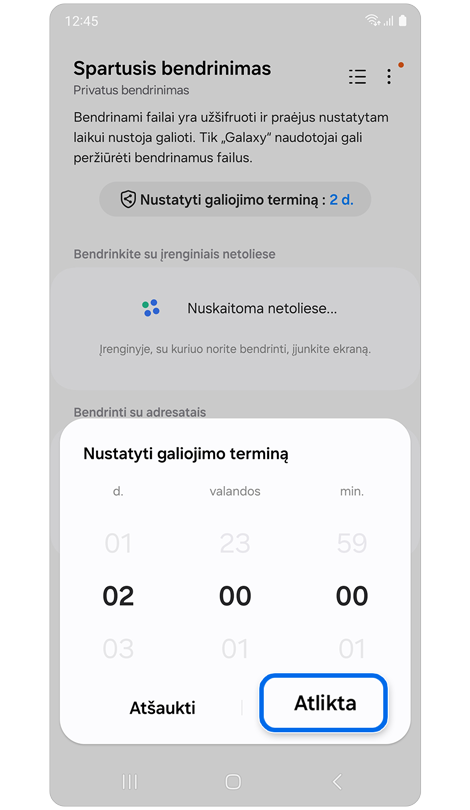 Iškylantysis langas, skirtas nustatyti galiojimo terminą funkcijoje Spartusis bendrinimas.