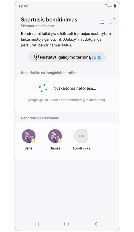 Funkcijos Spartusis bendrinimas pradžios ekranas su aktyvinta privataus bendrinimo parinktimi.