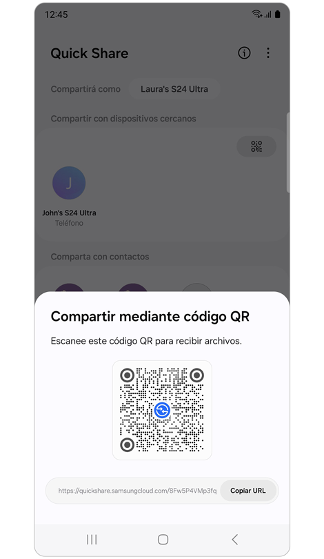 Ventana emergente con código QR y URL.