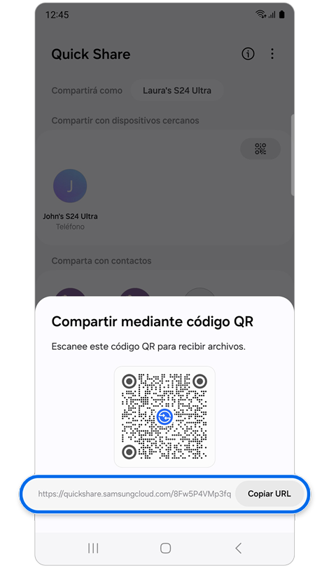 Ventana emergente con código QR y URL.