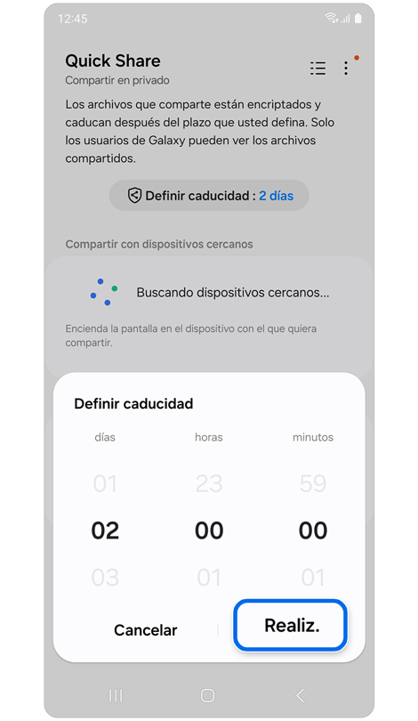 Establecer ventana emergente de vencimiento en Quick Share.