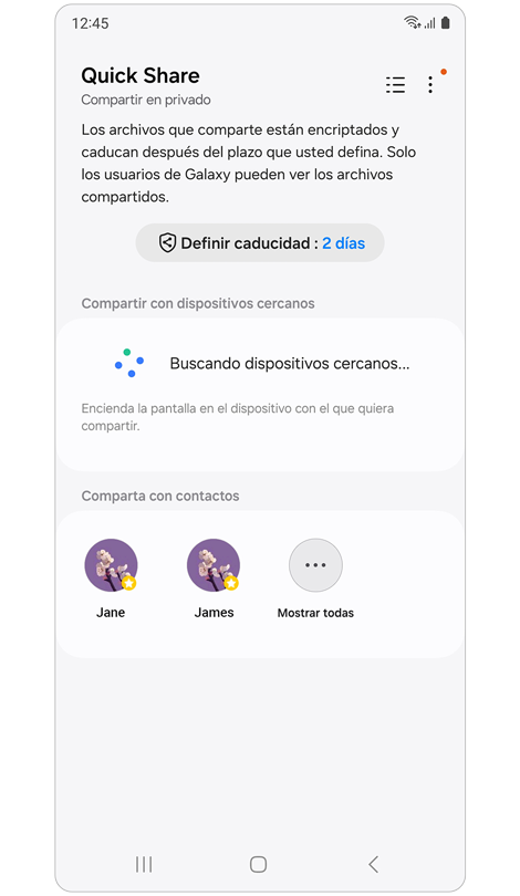 Pantalla de inicio de Quick Share con Compartir en privado activado.