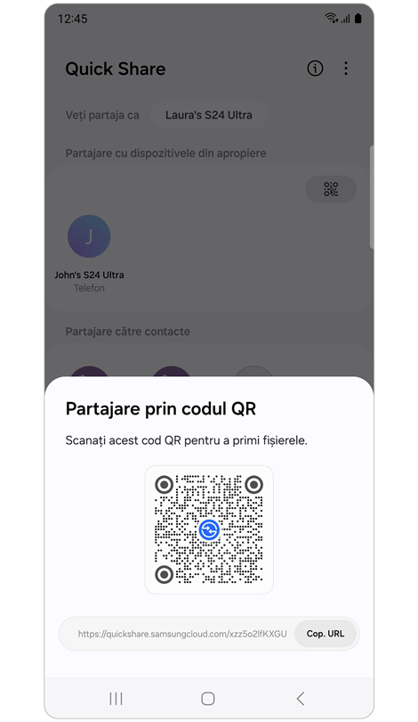 Fereastră pop-up cu codul QR și adresa URL.