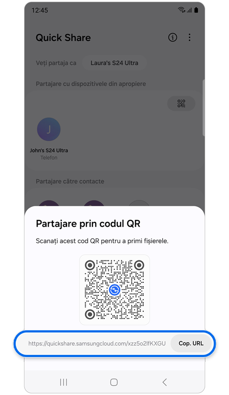 Fereastră pop-up cu codul QR și adresa URL.
