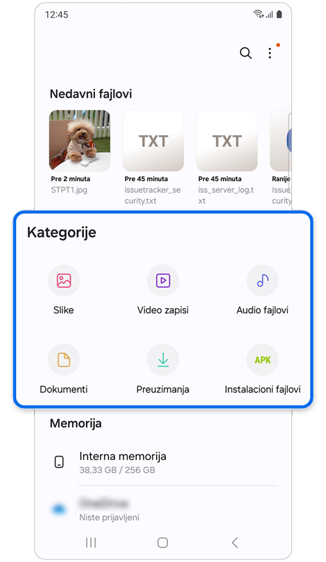 Početni ekran Moji fajlovi.