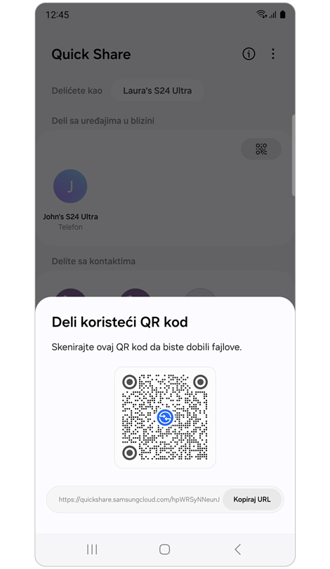Iskačući prozor sa QR kodom i URL-om.