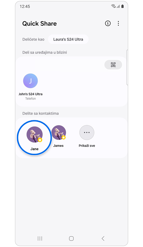 Početni ekran Quick Share.