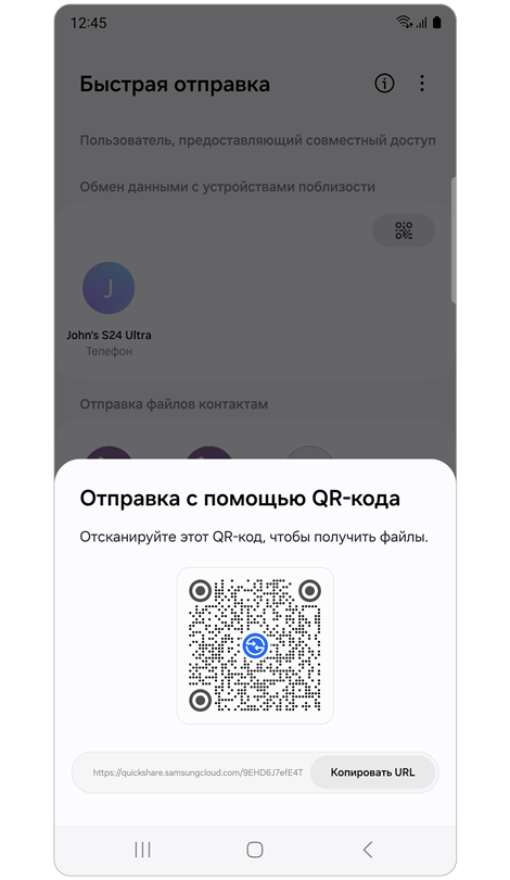 Всплывающее окно с QR-кодом и URL-адресом.