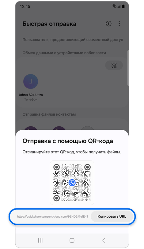 Всплывающее окно с QR-кодом и URL-адресом.