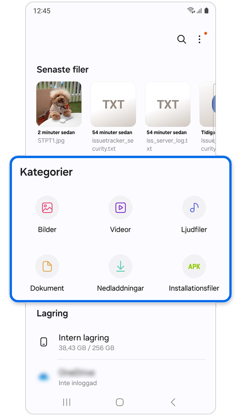 Startskärmen Mina filer