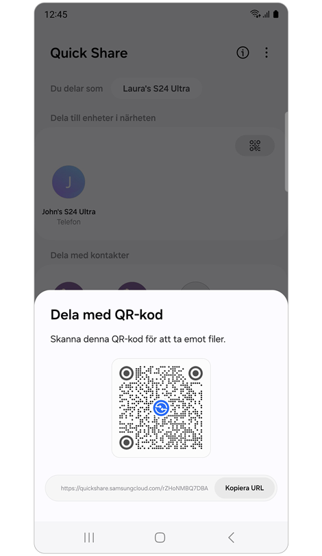 Pop up-fönster med QR-kod och URL.