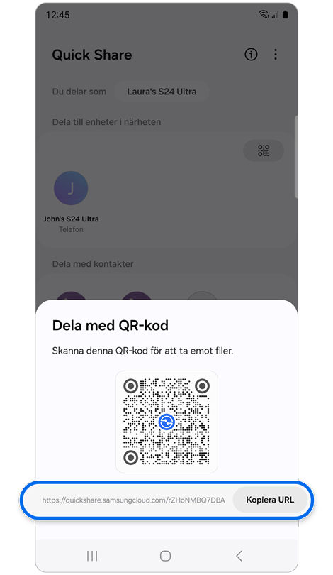 Pop up-fönster med QR-kod och URL.