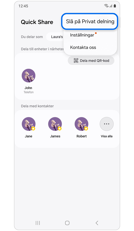 Startskärmen för Quick Share.