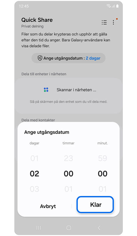 Ställ in popupfönstret med utgångsdatum i Quick Share.