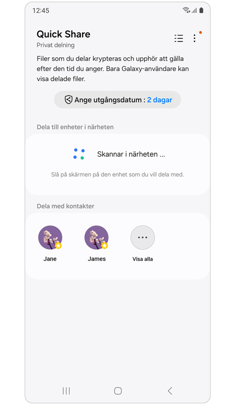 Startsidan för Quick Share med privat delning aktiverad.