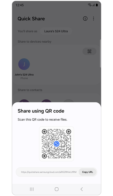 Pop up window with QR code and URL.