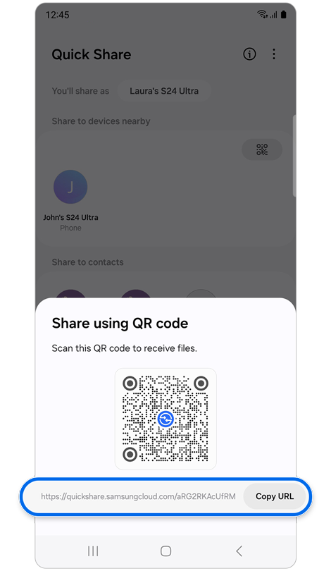 Pop up window with QR code and URL.