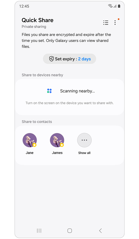 Quick Share home screen with Private sharing activated.