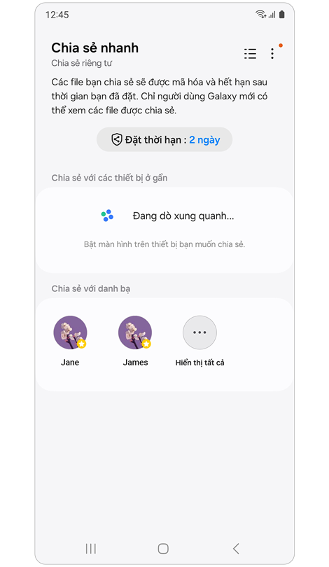 Màn hình chính Chia sẻ nhanh với tính năng Chia sẻ riêng tư được kích hoạt.