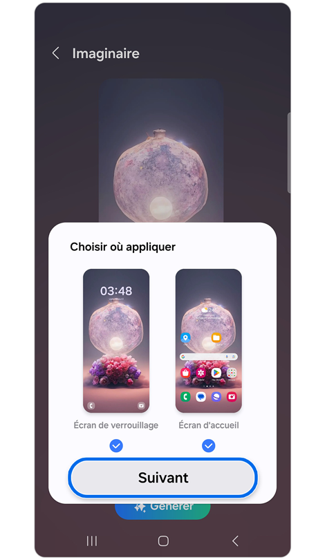 Écran invitant l'utilisateur à choisir ou appliquer un fond d'écran génératif