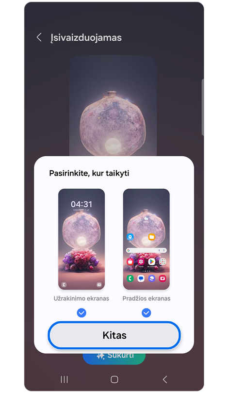 Iškylantysis langas, kuriame galima pasirinkti, kur taikyti vaizdą