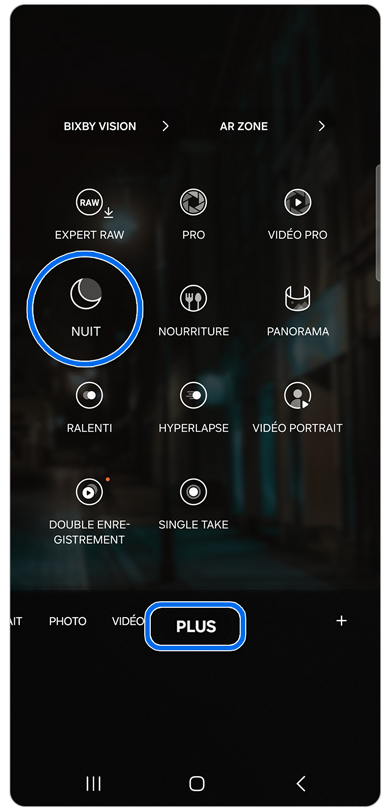 Écran des modes disponibles pour l’application appareil photo