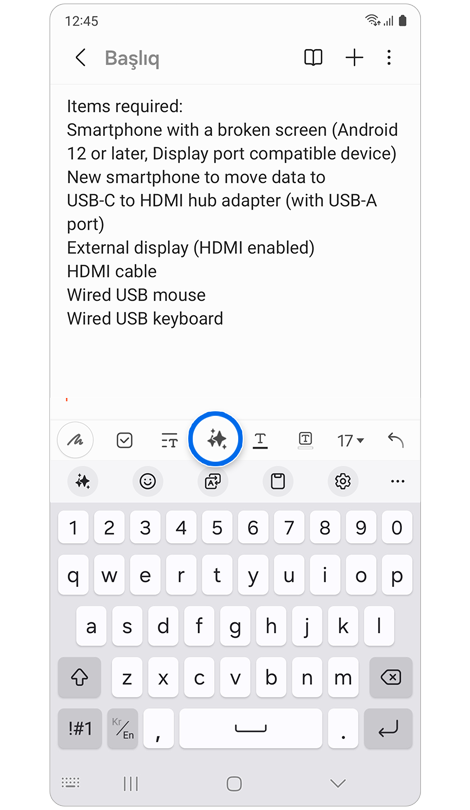 Samsung Notes proqramında yazılmış qeyd